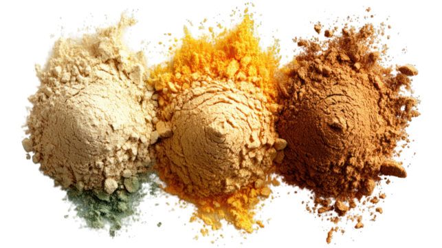 Three heaps of differently colored fine powders