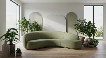 Living Room Interior with Curved Sofa and Lush Indoor Plants