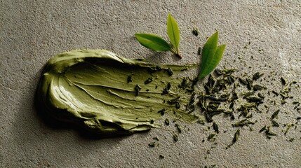 Top-down view of green tea cosmetic clay smear, fresh leaves, and dry tea on a textured stone background.