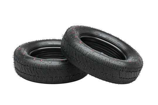 Two black tires with red specks, stacked diagonally, isolated on black