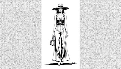 Fashion illustration of a woman in a wide brim hat and flowing pants