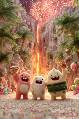 Fototapeta premium Charming animated characters celebrating with sweets in a magical landscape, surrounded by vibrant colors and fireworks