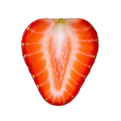 Extreme macro of a translucent strawberry slice, perfectly cut with visible cellular structure & seed cavities on transparent studio background. Concept of botanical micro-anatomy