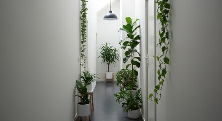 A brightly lit modern hallway filled with various houseplants, creating a serene and natural ambiance