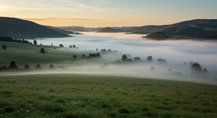 Breathtaking scenic view of a misty river valley nestled between green hills during a peaceful and colorful dawn