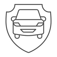 Driving school car on shield thin line icon, learners permit concept. Vector graphics. Car vehicle on emblem, safety sign on white background, outline style icon for mobile or web design.