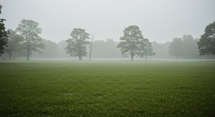 Misty Meadow Serene Green Field with Trees on a Foggy Day