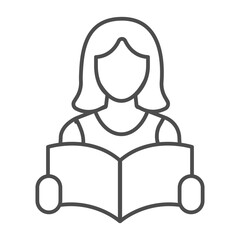 Student girl with magazine thin line icon, learners literature concept. Vector graphics. Woman with book in hands, education sign on white background, outline style icon for mobile or web design.