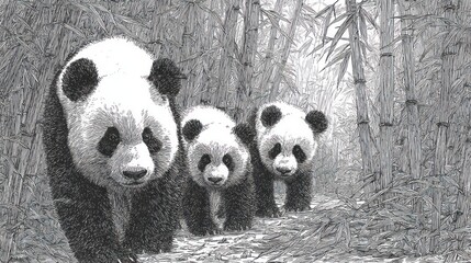 Panda family in a bamboo forest