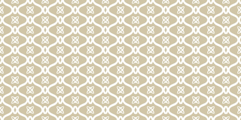 Golden abstract ornamental floral seamless pattern in folk style. Vector geometric texture with flower silhouettes, curved lines, grid, lattice. Luxury gold and white background. Repeated geo design