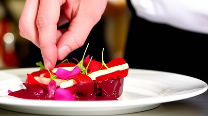 A skilled chef meticulously plates a stunning gourmet dish, preparing a romantic and exquisite Valentines Day dinner for a special celebration.