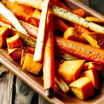A vibrant platter showcasing perfectly roasted autumn root vegetables, including sweet carrots, earthy parsnips, and caramelized sweet potatoes, prepared for a healthy harvest meal.