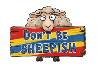 Cartoon Sheep with Dont Be Sheepish Sign cutout isolated transparent bg png