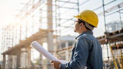 Civil engineer examining blueprint at construction site with blurred scaffolding in natural daylight for project planning