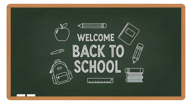Welcome back to school banner with education related illustrations and text on chalkboard