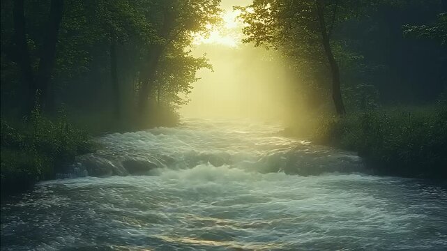 Golden morning light streams through a foggy forest, illuminating a peaceful flowing river in a tranquil woodland scene