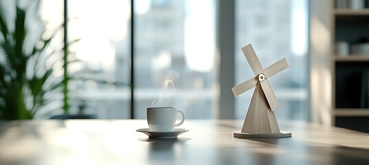 A wooden windmill and a cup of coffee sit on a table in front of a window with a blurred background of a room and plants