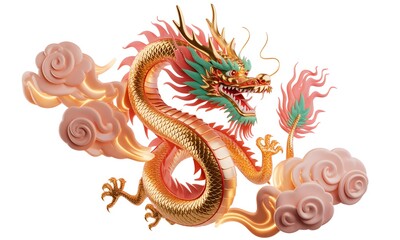 Fototapeta premium Majestic golden dragon soars through ethereal clouds, embodying power and good fortune for festive celebrations