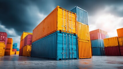 Fototapeta premium Colorful Shipping Containers Stacked in a Port Facility Ready for Global Logistics and Transportation