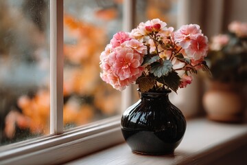 Close-up of pink flowers in a black vase on a windowsill with blurred outdoor background
