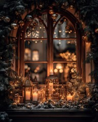 Cozy Winter Window Scene with Warm Lights, Lanterns, and Christmas Decorations for Holiday Ambiance