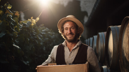 Happy vineyard worker carrying crate of grapes