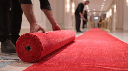 Workers Rolling Out Red Carpet for Event