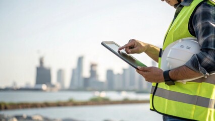 Engineer using digital tablet under blurred city skyline while wearing reflective safety vest and helmet