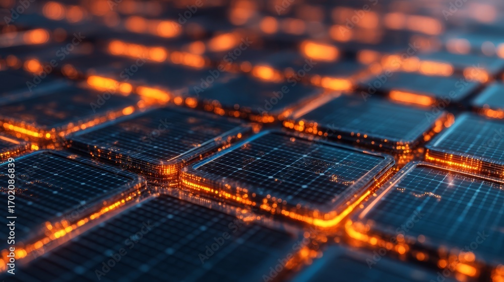 Poster a close-up of a digital grid with glowing edges, showcasing a futuristic, technological design featu