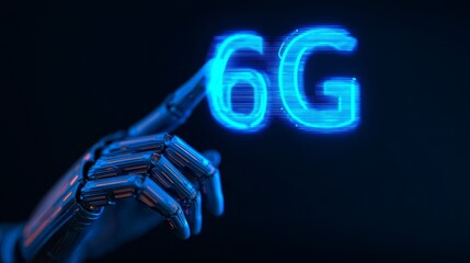 A robotic hand touches the glowing text "6G," symbolizing advanced technology and futuristic communication networks.