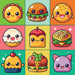 Vibrant cheerful kawaii style food collection