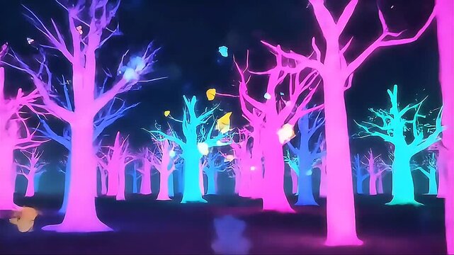 A surreal forest background with glowing neon trees, fireflies floating in the air, magical atmosphere, perfect for wallpapers or looping video