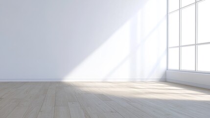 Minimalist empty room featuring a large window, filled with soft ambient daylight for a modern interior feel.