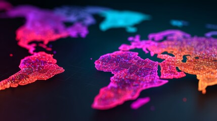 A vibrant, digital map of the world featuring glowing continents in shades of pink, blue, and purple, set against a dark background.