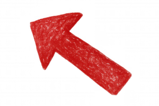 Red wax crayon arrow pointing up and to the right, isolated on transparent background, ideal for educational or business concepts