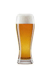 Elegant pilsner glass with golden-amber beer, rising bubbles, and thick white foam lacing, perfectly chilled on transparent studio background, high-key, hero shot concept for beverage advertising