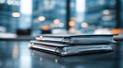 Stack of Ring Binders on Desk in Modern Office Setting, Documents for Business and Legal