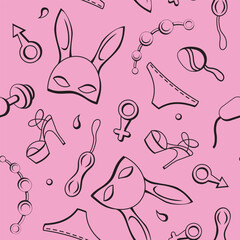 seamless pattern on a pink background featuring black outlines of sex toys, gender symbols, lingerie, high heels, and masks, ideal for adult-themed design. Vector composition for cover, gift paper