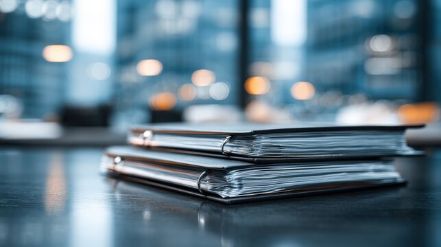 Stack of Ring Binders on Desk in Modern Office Setting, Documents for Business and Legal