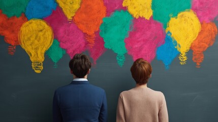 A couple stands before a colorful mural of lightbulbs, symbolizing creativity and inspiration in a vibrant atmosphere.
