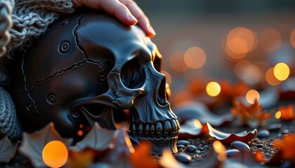 Mysterious skull display autumn setting artistic photography warm lighting close-up view halloween theme