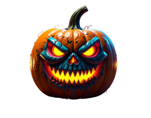 Hyper-realistic 8K PNG of a painted pumpkin with a terrifying monster face, featuring 377010