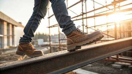 Engineer stepping on steel beam construction site closeup image blurred scaffolding and sunlight flare ground level view realistic textures for industrial photography
