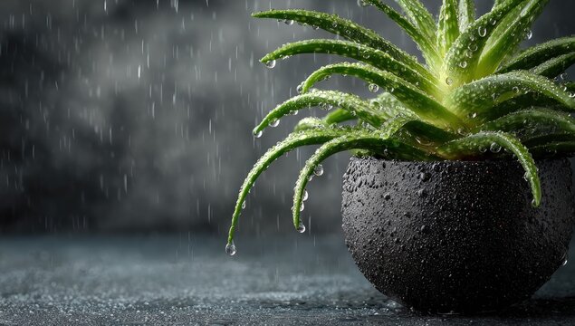A rain-kissed aloe vera plant in a black pot against a textured, blurred dark background - Powered by Adobe