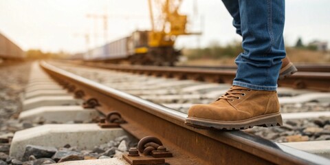 Engineer’s boots stepping on steel railway track at train construction site closeup perspective in industrial setting