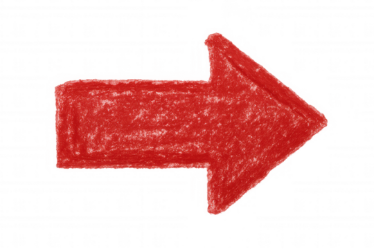Red crayon arrow indicating rightward direction, transparent backdrop highlighting graphic design element for presentations - Powered by Adobe