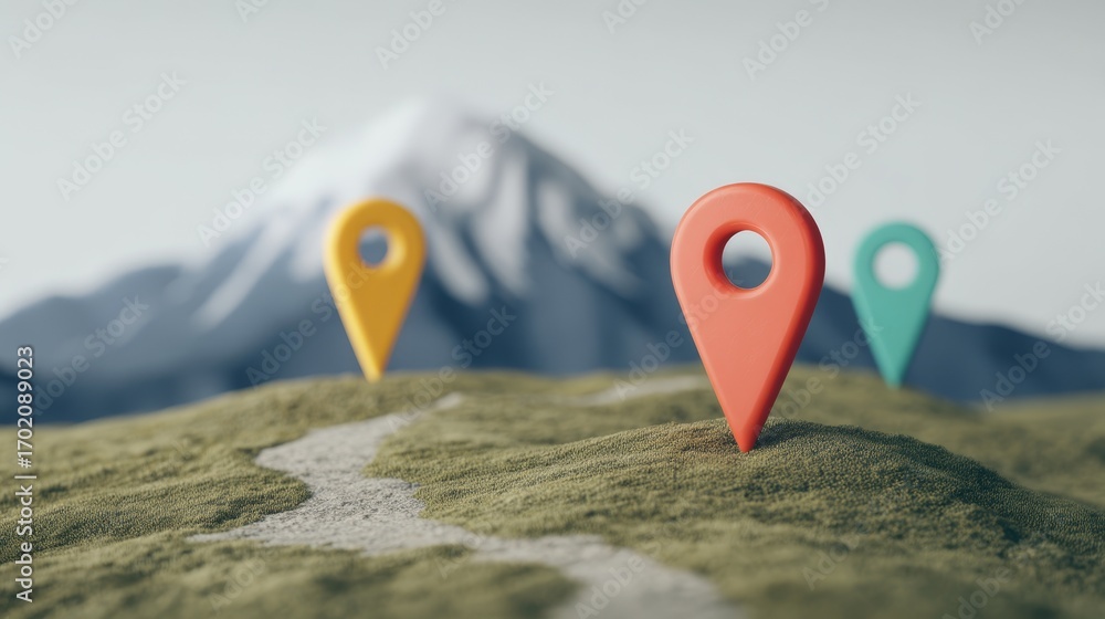 Poster a digital landscape featuring colorful location markers on grassy terrain with a mountain backdrop, 