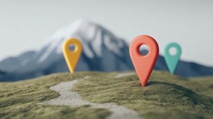 A digital landscape featuring colorful location markers on grassy terrain with a mountain backdrop, symbolizing navigation and exploration.