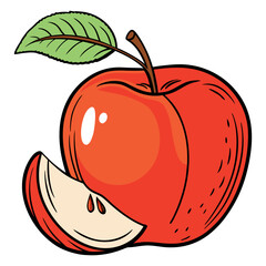 Red Apple with Leaf and Slice Vector Illustration