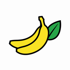 A simple cartoon illustration of two ripe yellow bananas with a single green leaf, depicted on a white background.